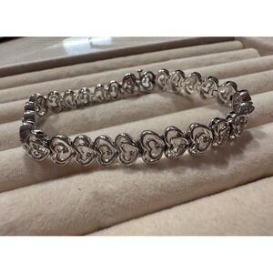 Sterling Silver Heart Link Bracelet 7.5" Diamond Accents 25.5g! Vintage 925